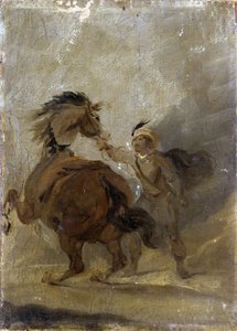 En mand, der holder en hest